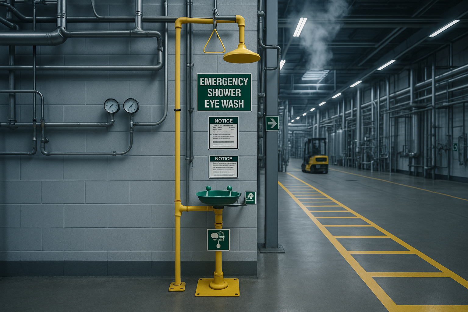 Nooddouche in industriële omgeving