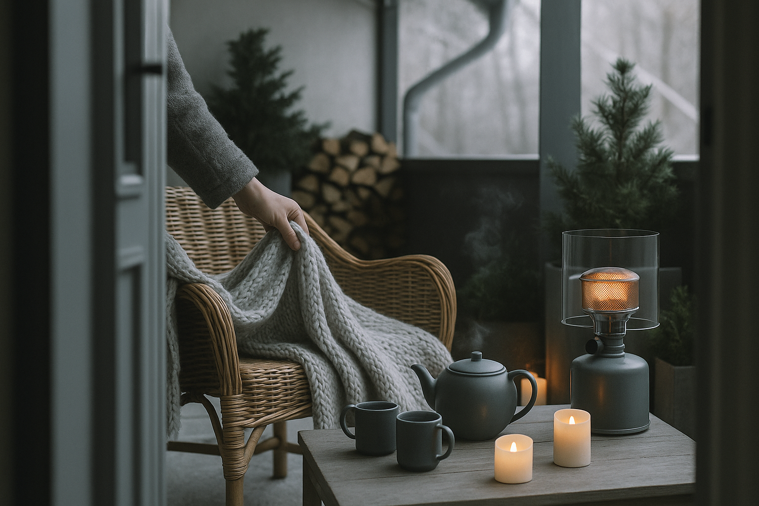 Winterterras met verwarmingselementen en decoratie