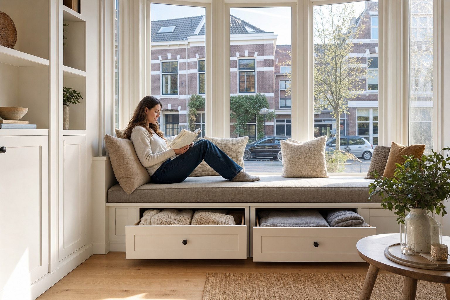 Erkerbank op maat met opbergruimte
