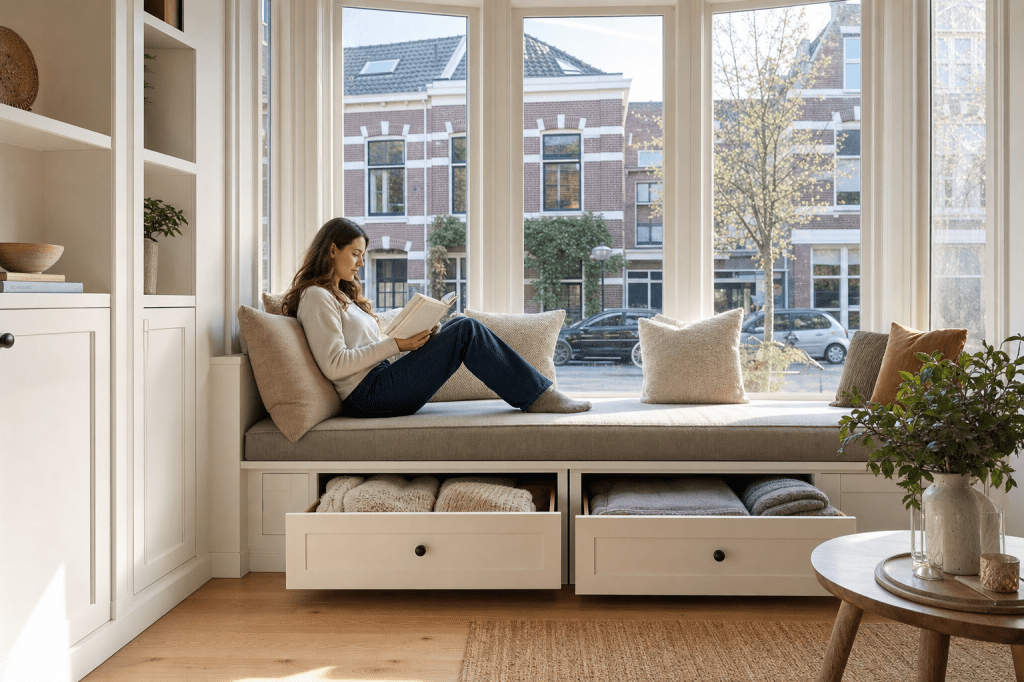 Hoe ontwerp je een erkerbank op maat met slimme opbergruimte zonder in te leveren op zitcomfort en&nbsp;uitstraling?