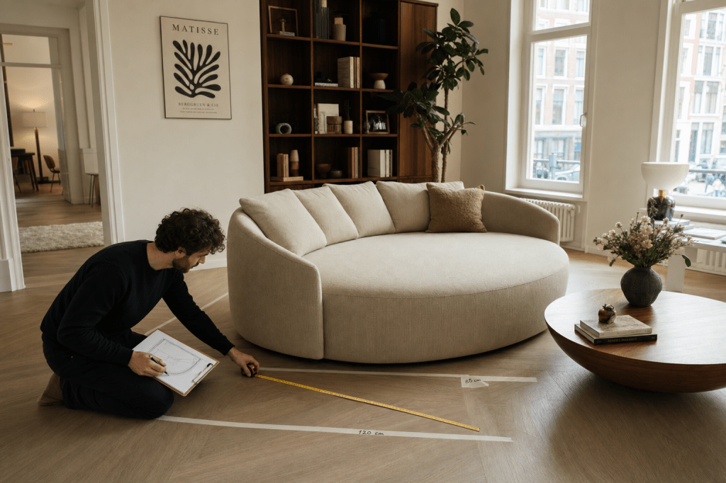 Hoe bepaal je de ideale diameter en ronding van een ronde bank op maat zodat de looproutes in je woonkamer vrij blijven?